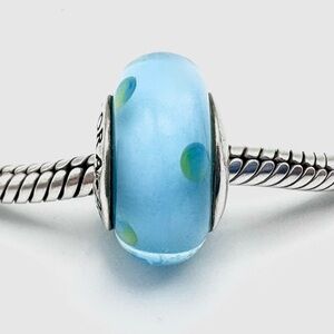 Pandora Teal Polka Dot Murano Charm 790605 Sterling Silver Core Retired Bead